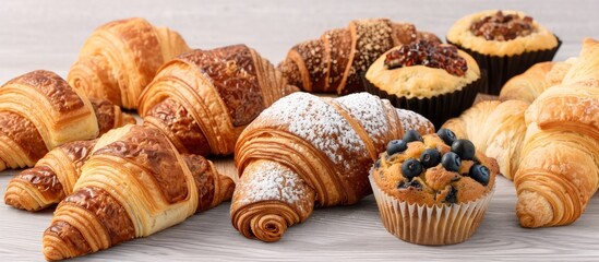 An assortment of fresh bakery items including croissants, muffins, and scones, set on a wooden table, isolated on a light grey background.