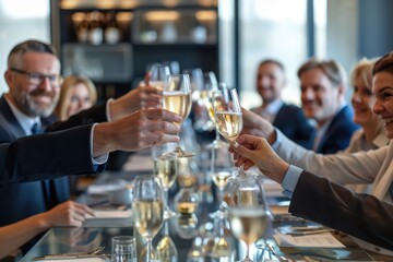 Group of business professionals toasting with champagne at a modern dining table during a successful corporate event.