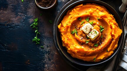 A bowl of mashed sweet potatoes topped with butter and parsley.