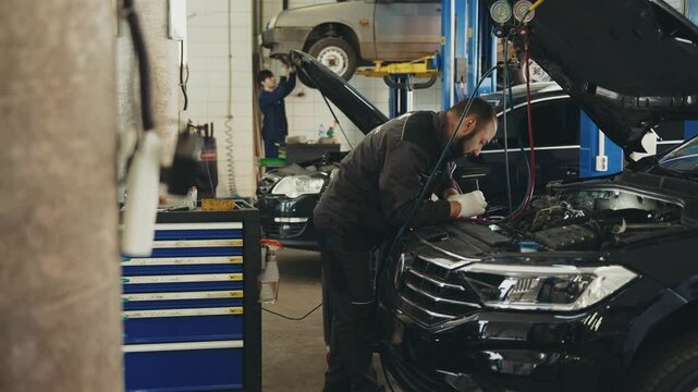 Mechanic man with lamp working at workshop in car service,  car repair and maintenance concept 