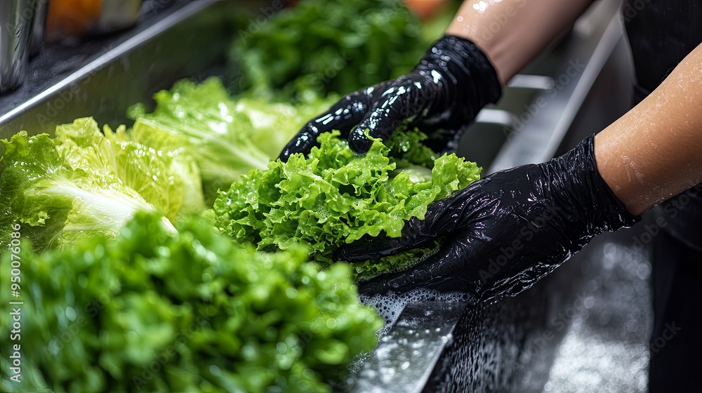 Wall mural A person wearing black gloves washes fresh green lettuce leaves under running water in a stainless steel sink, emphasizing food safety and hygiene in food