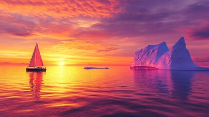 Sunset over the ocean, with an iceberg and sailboat in view, vibrant colors reflected on the still water.