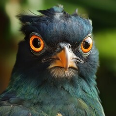 Fototapeta premium Majestic bird with striking orange eyes perched among vibrant greenery