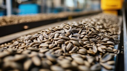 Obraz premium Conveyor Belt Filled with Sunflower Seeds in Food Manufacturing Facility