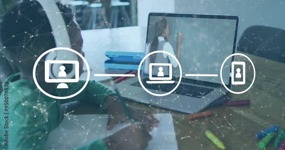 Poster network of connected devices animation over child studying at desk with laptop