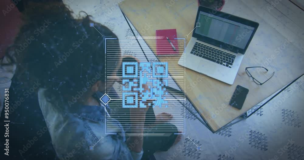 Poster qr code scanning animation over person using smartphone and laptop on desk