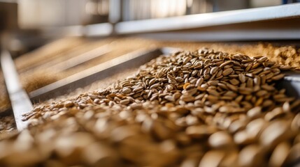Obraz premium Conveyor Belt Filled with Sunflower Seeds in Food Manufacturing Facility