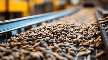 Obraz premium Conveyor Belt Filled with Sunflower Seeds in Food Manufacturing Facility