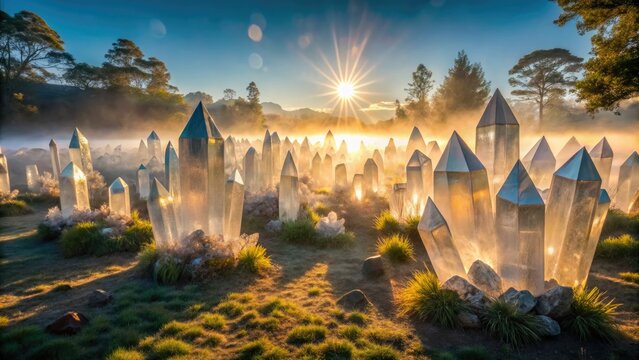 whimsical surreal fantastical garden of giant crystal formations featuring group 17 halogens amidst misty dawn sunlight casting long shadows
