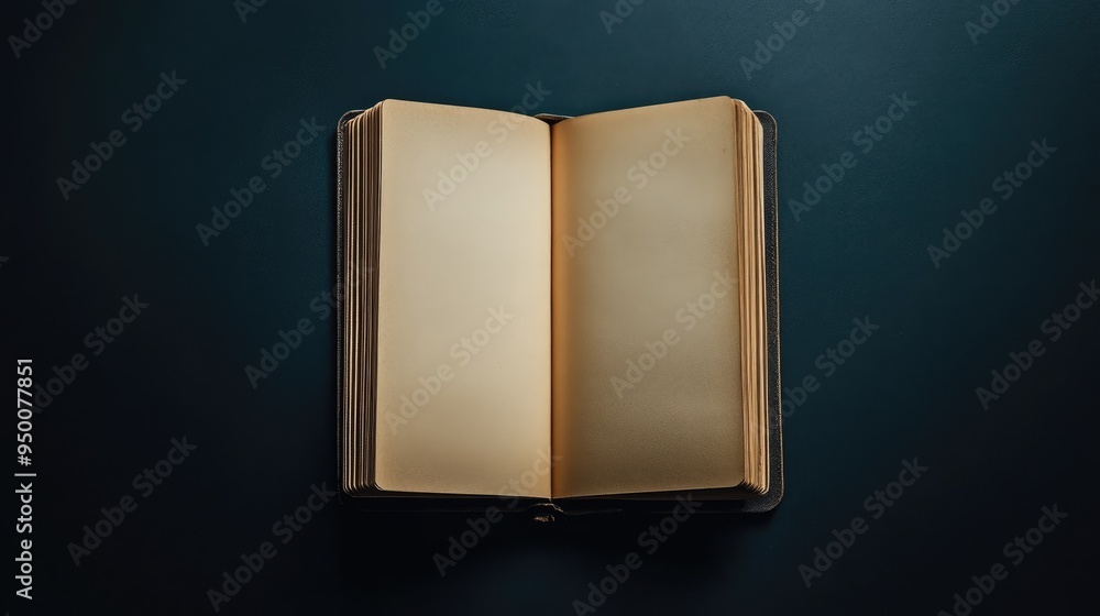Poster top view of an open notebook with blank pages, centered on a dark background, perfect for design moc