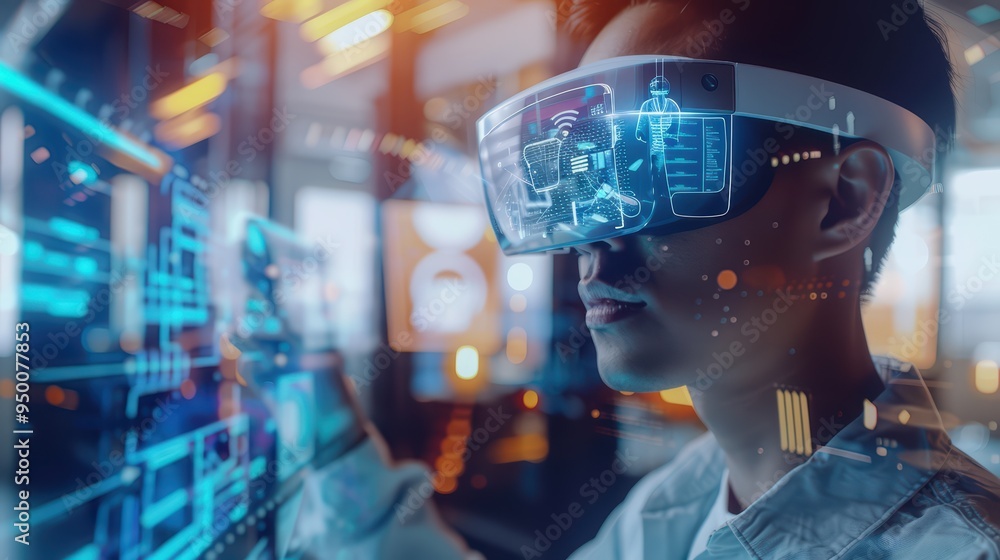 Poster young man using virtual reality technology with interactive holographic interface in a modern digita