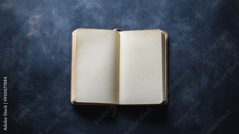 Poster top view of an open notebook with blank pages, centered on a dark background, perfect for design moc