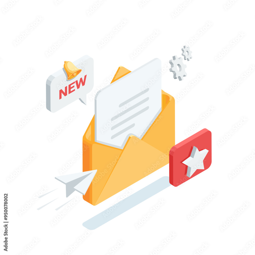 Poster isometric vector open envelope with bell and star, in color on white background, mailing or new impo