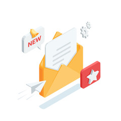 isometric vector open envelope with bell and star, in color on white background, mailing or new important message