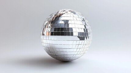 A shiny disco ball with mirrored tiles on a light grey background Created with Generative AI.