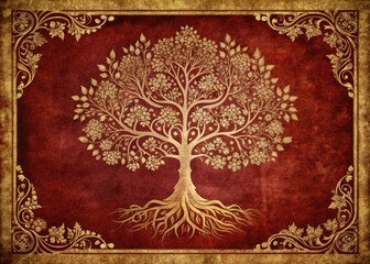 Obraz premium Rich burgundy infographics sprawling like an ancient tree on vintage parchment background, evoking wisdom and traditional values through ornate details and subtle texture.