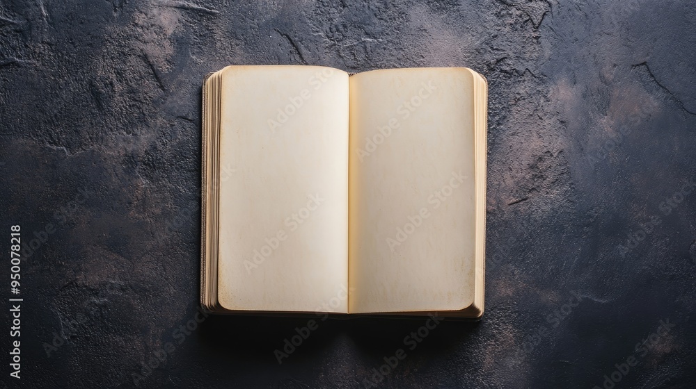 Poster top view of an open notebook with blank pages, centered on a dark background, perfect for design moc
