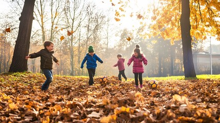 Kids play soccer in autumn leaves