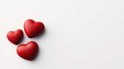 Fototapeta premium Top view of three matte red heart-shaped stones on a smooth white background, with generous space for copy.