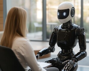 Highdefinition 4K image of an interview scenario with a humanoid AI robot providing coaching to the interviewee from behind Crisp and detailed