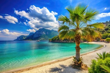 Vibrant turquoise beach palmtree tropical summer vacation Kemer paradise