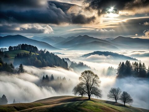 atmospheric moody misty mountain landscape dramatic clouds dark mysterious fog rolling hills lonely trees harsh weather solitude peaceful contemplation