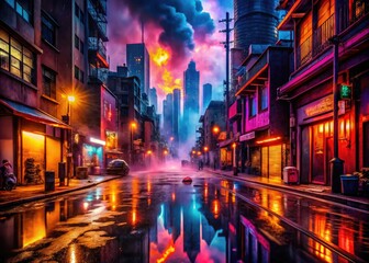 Fototapeta premium sweltering cityscape nightlife neon reflections steamy alleys sultry nightlife scenes vibrant colors dynamic composition energetic atmosphere intense heat waves