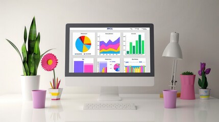 A desktop computer showing a PPC campaign dashboard, with colorful graphs and charts, isolated against a light grey background.