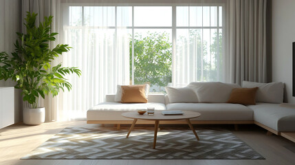 A house or apartment living room with large windows and white curtains. A photo of a white-toned minimalist Century Modern interior with a sofa and table. Generative AI
