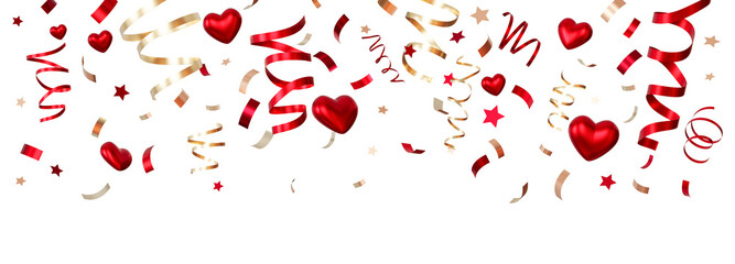 Elegant header with red hearts, golden and red ribbons, confetti, perfect for festive, romantic themes, on transparent background. Celebration of love. Top of page. Glitter, particles. 3D render.