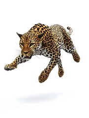Naklejka premium A Powerful Leopard s Fierce Mid Air Leap on a Minimal White Background