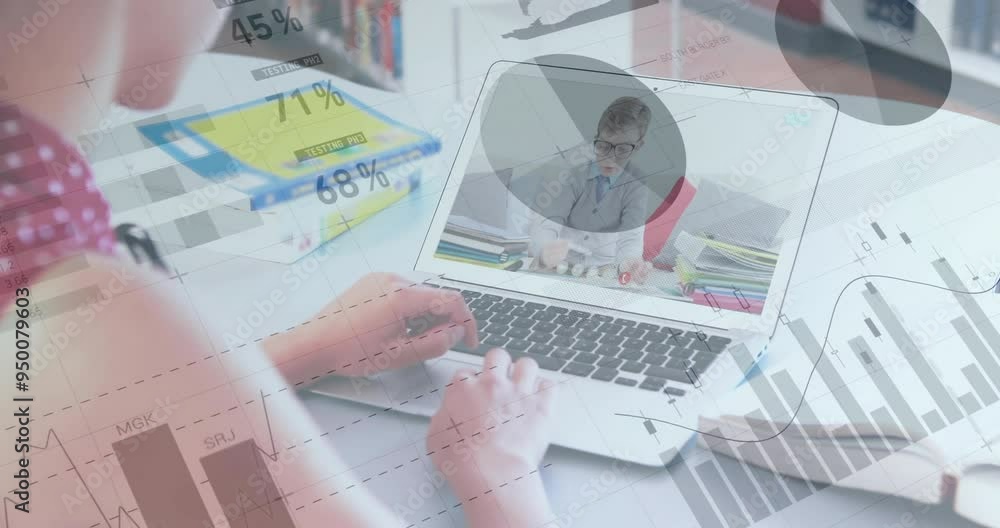 Poster typing on laptop, person working with charts and graphs animation over video call