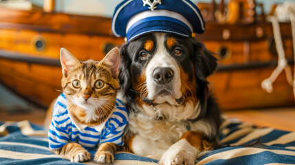 A playful cat and dog dressed in nautical outfits sit together on a striped blanket in a cozy indoor setting