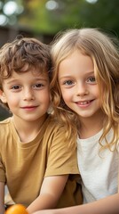 Fototapeta premium two siblings, a boy and a girl, playing together in a backyard, with the older one looking at the camera and the younger one focused on a toy, capturing their bond
