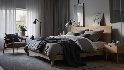 Capturing the blend of functionality and style in a Scandinavian-style bedroom with dimout curtains.