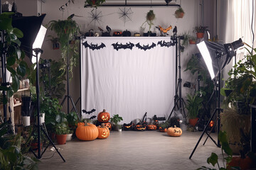 Halloween backdrop decoration with carving pumpkin, bat and jack o lantern, Halloween theme background with lighting design.