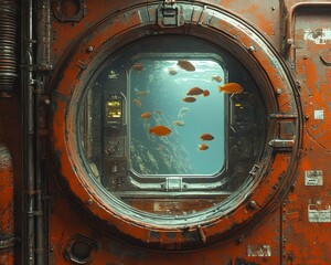 Rusty metal submarine interior with a cyberpunk aesthetic, showcasing fish swimming outside the window Futuristic and immersive