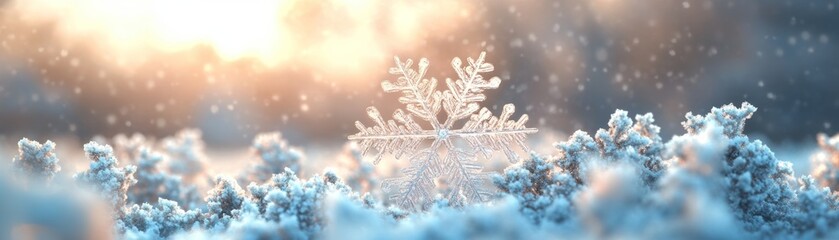 A stunning close-up of a snowflake resting on soft snow, illuminated by warm sunlight in a winter wonderland setting.