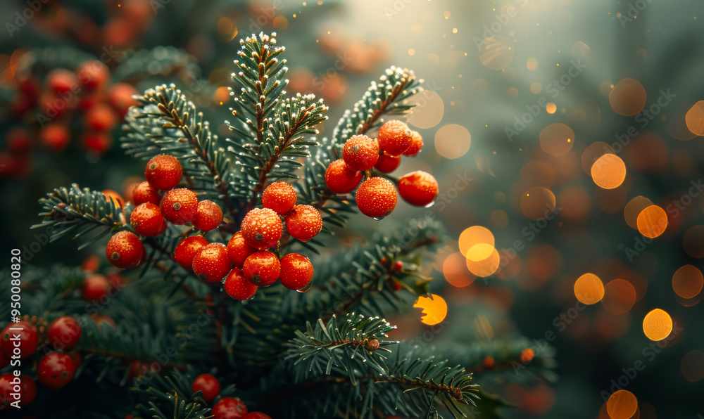 Poster a tree with red berries on it. the berries are wet and shiny. the tree is surrounded by a blurry bac