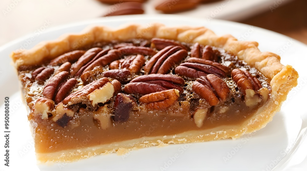 Poster a slice of pecan pie with a flaky crust.