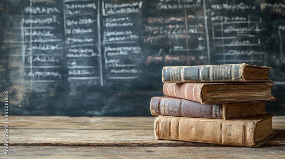 Poster wooden table with a stack of old books, chalkboard filled with math formulas in the background, ampl