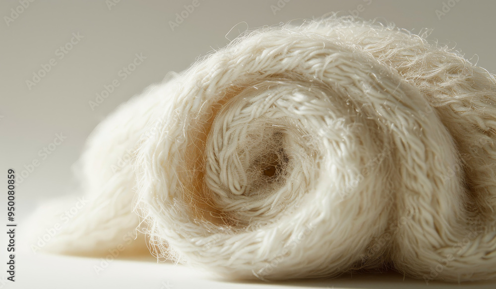 Poster a white knitted item with a fuzzy texture. the item is rolled up and has a circular shape