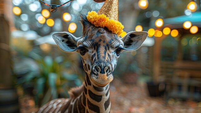 Giraffe Celebrating in Style with Party Hat and Sunglasses