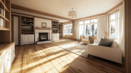 Fototapeta premium Mid century Modern Interior in the living room with sofa and furniture in view. Generative AI 