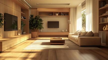 A modern midcentury modern interior in the living room with a tv and sofa table. Generative AI
