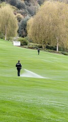 Obraz premium A traditional sprinkler fountain sprays water onto lush green grass, surrounded by trimmed hedges, offering a space for custom text and a web design backdrop