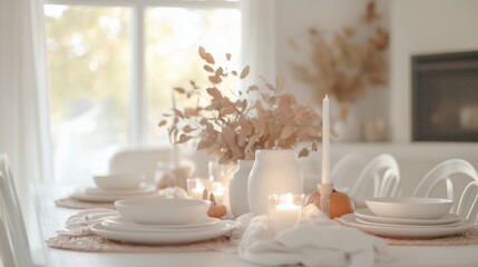 A table with a Christmas tree in the background and a lit candle.