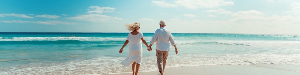 Naklejka premium A couple is walking on the beach holding hands. The beach is calm and peaceful, with the ocean in the background. The couple appears to be enjoying their time together