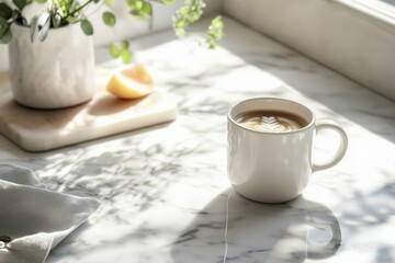 A white coffee cup on a marble countertop, and the sunlight streaming in through the window creates a warm.