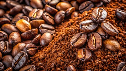 Closeup of freshly ground coffee beans and roasted coffee beans, perfect for coffee enthusiasts and baristas